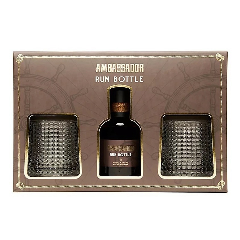 Изображение товара GENTY Парфюмерный набор Ambassador Rum Bottle, Туалетная вода, спрей 100 мл + Бокалы 2 шт.
