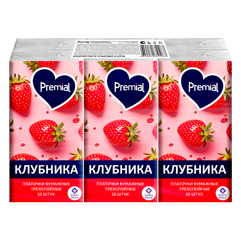 Изображение товара PREMIAL Набор: Платочки бумажные трехслойные белые с ароматом клубники, 6 уп. х 10 шт.