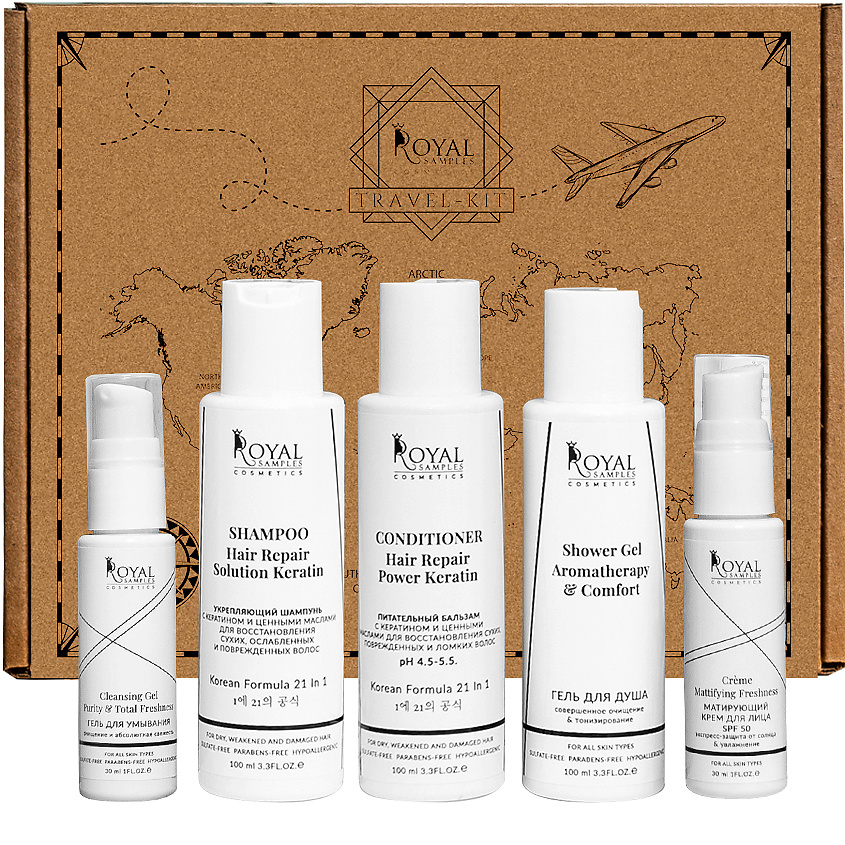Изображение товара ROYAL SAMPLES Тревел-набор: Шампунь, Бальзам, Крем для лица, Гель для умывания, Гель для душа, 100 мл, 100 мл, 100 мл, 30 мл, 30 мл