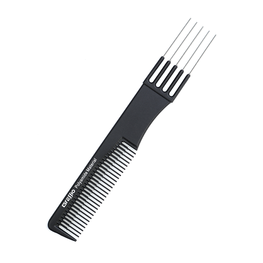 Изображение товара GRESSIO Парикмахерская расческа - гребень с металлической "вилкой" для начеса, черный