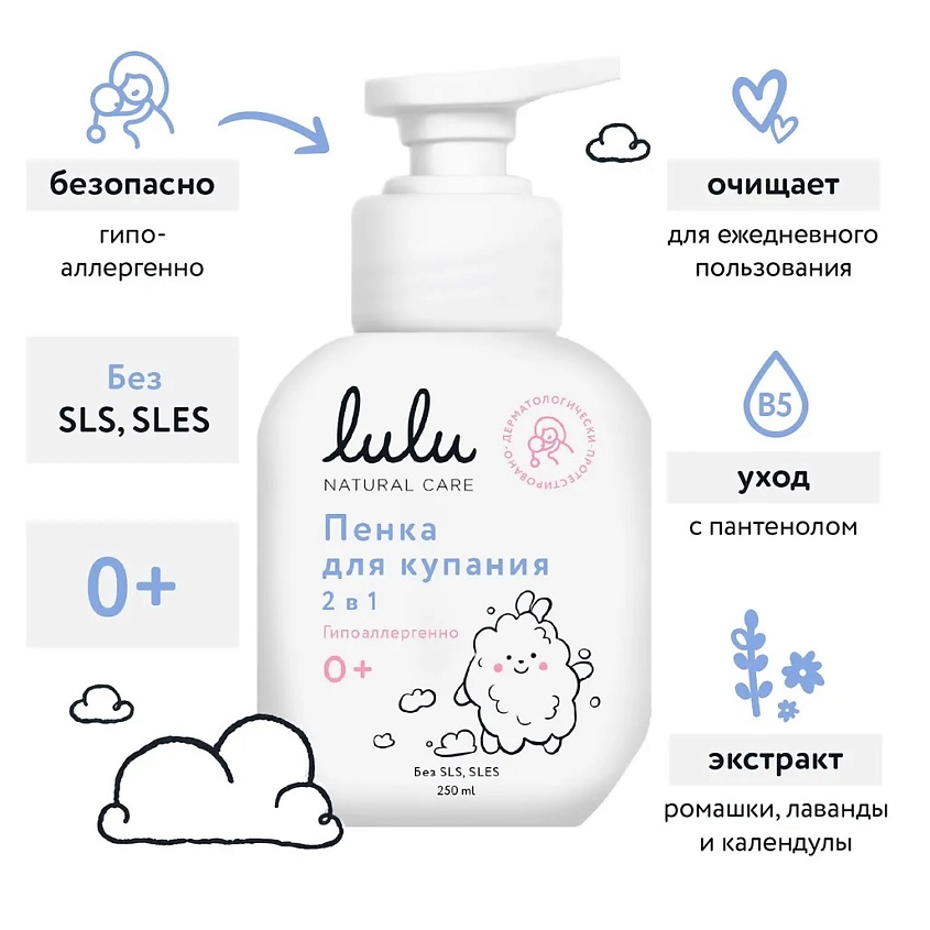 Изображение товара LULU Пенка для купания 2в1 с пантенолом бисабололом и экстрактами 250 мл для детей