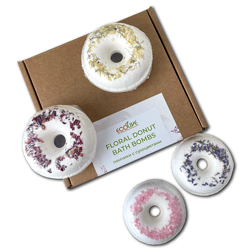Изображение товара ECOLIVE Набор бомбочек пончиков для ванны с сухоцветами, сухоцветы: роза, лаванда, жасмин; морская соль