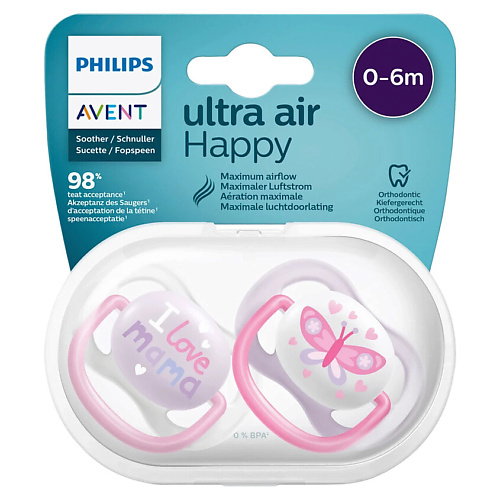 

PHILIPS Пустышка силиконовая Ultra Air Happy, 0-6 месяцев, Пустышка силиконовая Ultra Air Happy, 0-6 месяцев