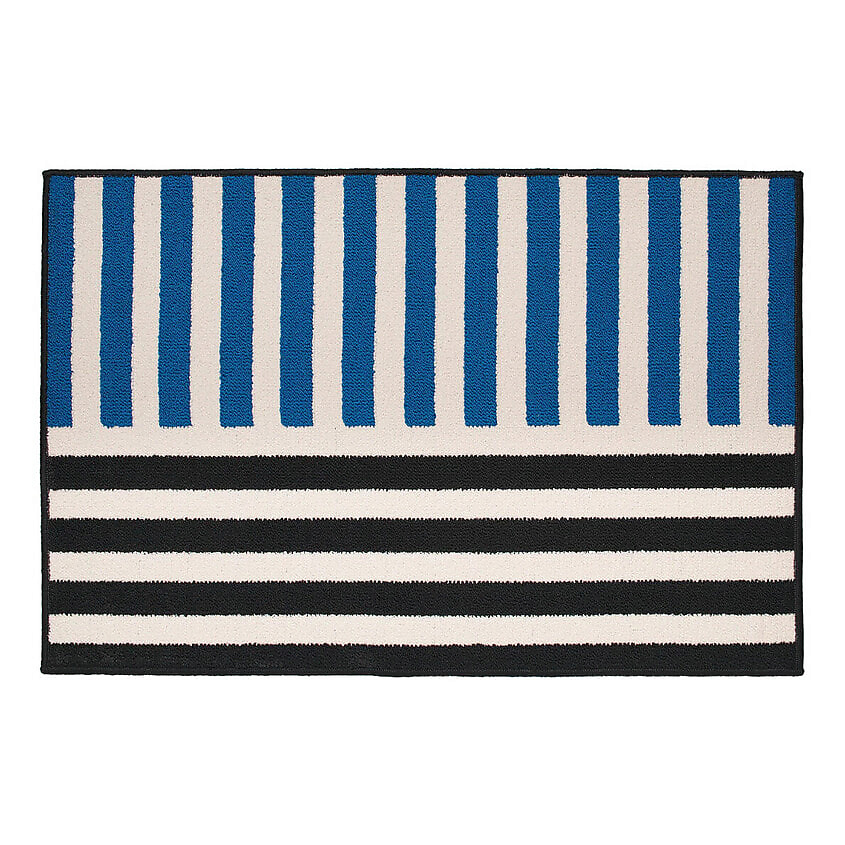 Изображение товара IKEA Ковёр коротковорсовый с полосами синий и черный VÄNDPLATS 60x90 см, Мультиколор