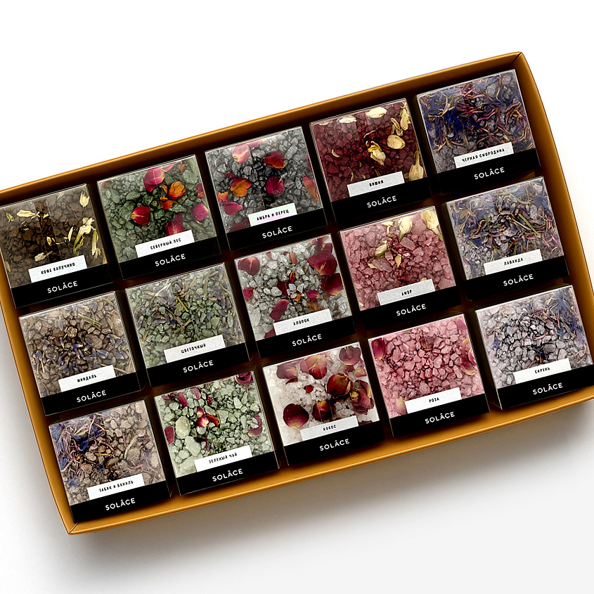 Изображение товара SOLACE Набор мерцающей соли для ванны Solace (15 шт) с шиммером и сухоцветами, Набор 15 шт
