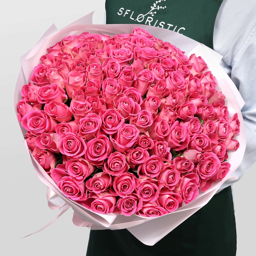 Изображение товара Букет роз Кения розовая 75 шт, стильная упаковка, подарок для любого повода