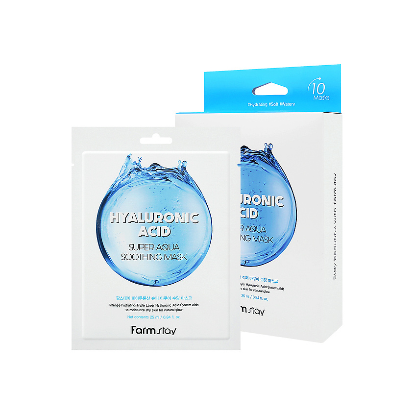 Изображение товара FARMSTAY Тканевая маска для лица с гиалуроновой кислотой Hyaluronic Acid Super Aqua Soothing Mask, 25 мл х 10 шт