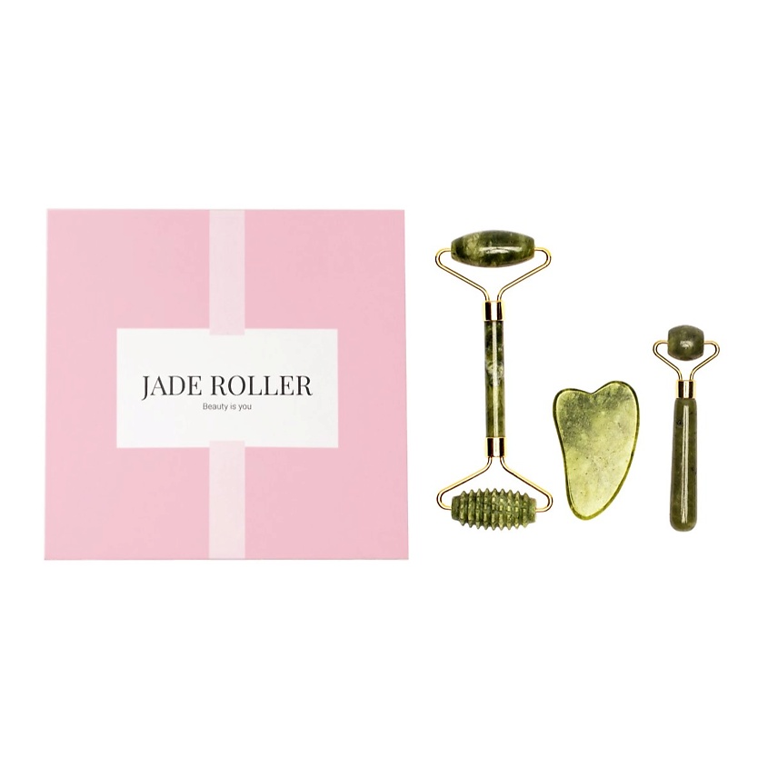 Изображение товара QUALIGO Ролик для массажа лица,подарочный набор,натуральный камень цвет нефрит, Нефритовый зеленый 3 В 1