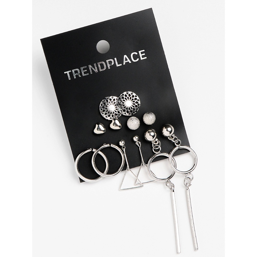 Изображение товара TRENDPLACE Набор серьги пусеты кольца бижутерия под серебро, Серебряный