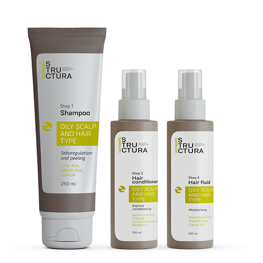 Изображение товара ULTIMATE STRUCTURA Набор для жирных волос: Шампунь с углем, Кондиционер, Увлажняющий флюид, 250 мл + 150мл + 150 мл