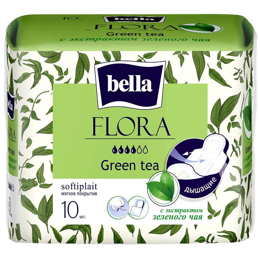 Изображение товара Прокладки гигиенические BELLA FLORA Green tea 10 шт. ультратонкие с экстрактом зеленого чая