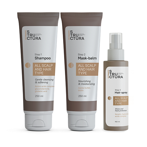 

ULTIMATE STRUCTURA Набор для всех типов волос: Шампунь, Маска-бальзам и Спрей-термозащита, Набор для всех типов волос: Шампунь, Маска-бальзам и Спрей-термозащита