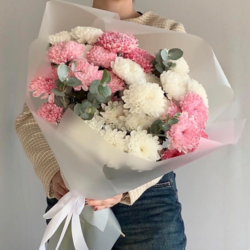 

ДАРИ ЦВЕТЫ Стильный букет хризантема розовая белая и эвкалипт, Стильный букет хризантема розовая белая и эвкалипт