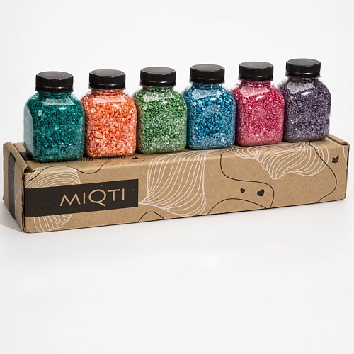 MIQTI Набор подарочный морская соль для ванны цветная с блестящим шиммером, 6 разных ароматов