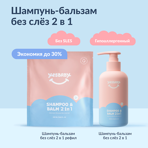 

YESBABY Набор Шампунь-бальзам для волос без слез детский 2 в 1 и рефил 500, Набор Шампунь-бальзам для волос без слез детский 2 в 1 и рефил