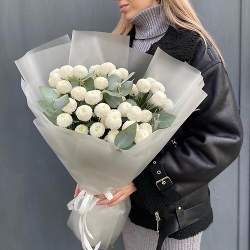 

ДАРИ ЦВЕТЫ Букет из пломбирных хризантем (5 веток) с эвкалиптом, Букет из пломбирных хризантем (5 веток) с эвкалиптом