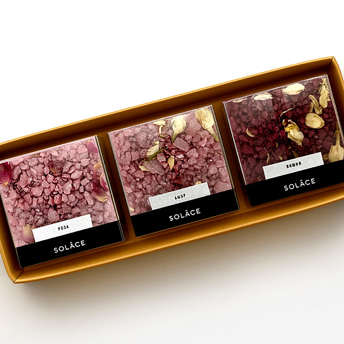 

SOLACE Набор мерцающей соли для ванны Solace (3 шт) с шиммером и сухоцветами 450, Набор мерцающей соли для ванны Solace (3 шт) с шиммером и сухоцветами