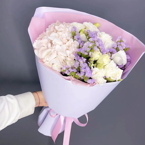 

PINKBUKET Букет "Нежный Зефир" из белой гортензии, эустомы и статицы, Букет "Нежный Зефир" из белой гортензии, эустомы и статицы
