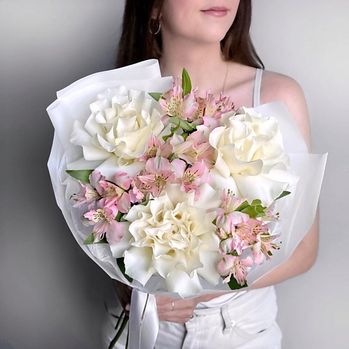 

VIBE СТУДИЯ ЦВЕТОВ И ПОДАРКОВ Нежный букет белая французская роза и розовая альстромерия, Нежный букет белая французская роза и розовая альстромерия