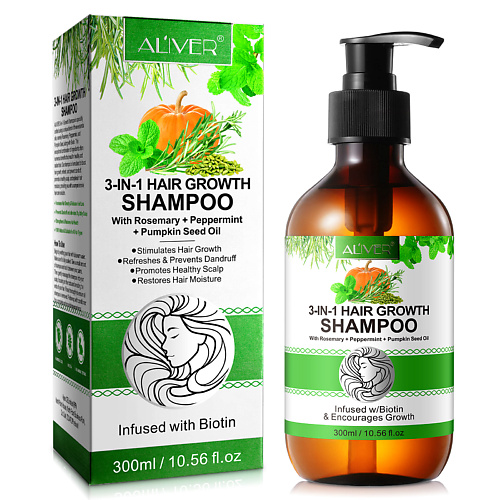 

ALIVER Шампунь для волос 3 в 1 с маслами розмарина, мяты и семян тыквы 300, Шампунь для волос 3 в 1 с маслами розмарина, мяты и семян тыквы