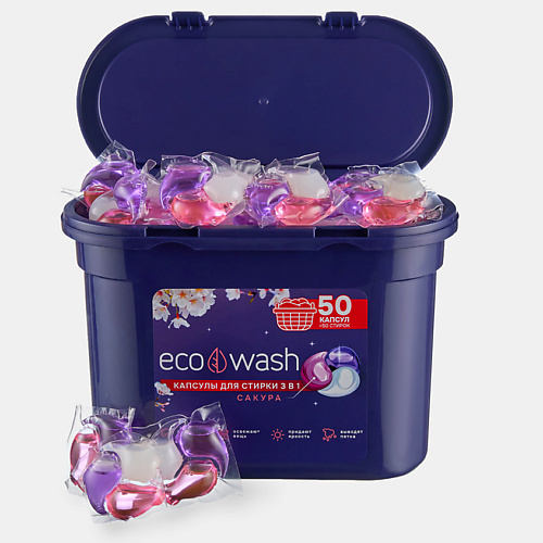 

ECOWASH Капсулы для стирки белья Сакура 3в1 50, Капсулы для стирки белья Сакура 3в1