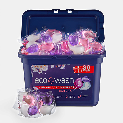 

ECOWASH Капсулы для стирки белья Сакура 3в1 30, Капсулы для стирки белья Сакура 3в1