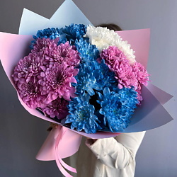 Букет из розовых и синих хризантем