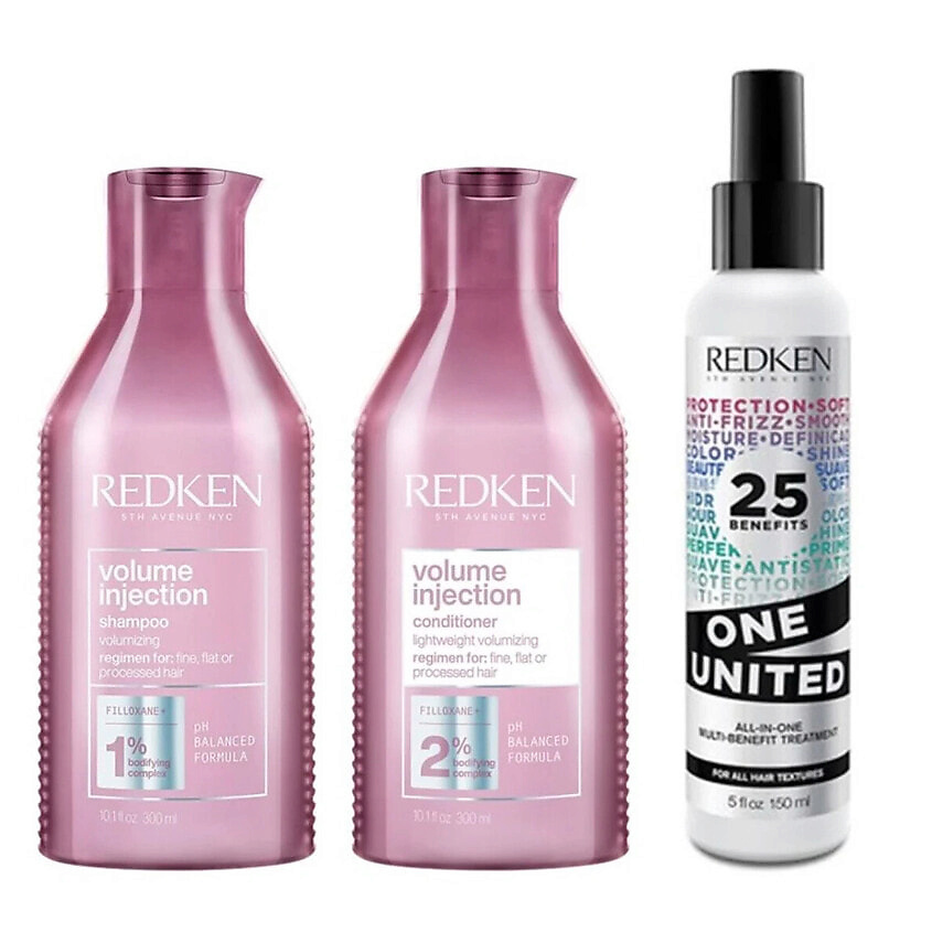 Изображение товара REDKEN Набор Volume Injection Bundle One United: Шампунь + Кондиционер + Спрей-уход, 300 мл + 300 мл +150 мл