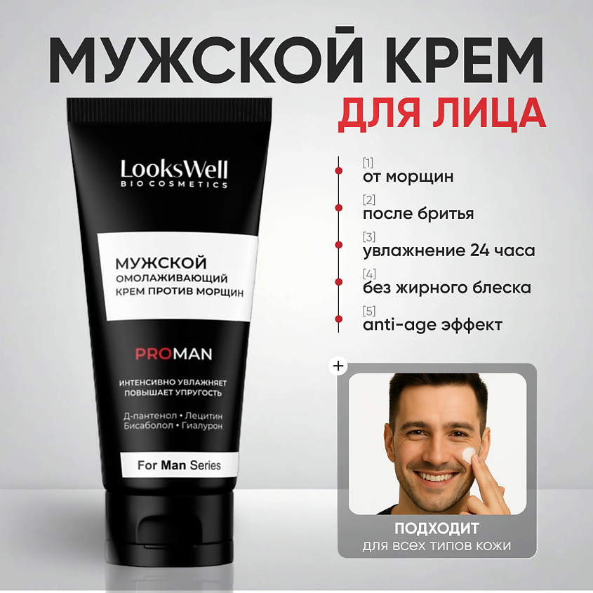 Изображение товара LOOKSWELL Мужской омолаживающий крем против морщин, 50 мл