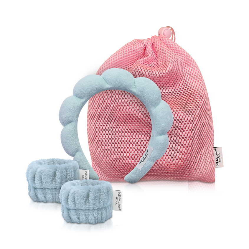 Изображение товара Набор ободок и напульсники голубого цвета для ухода за лицом и волосами NINA JAY