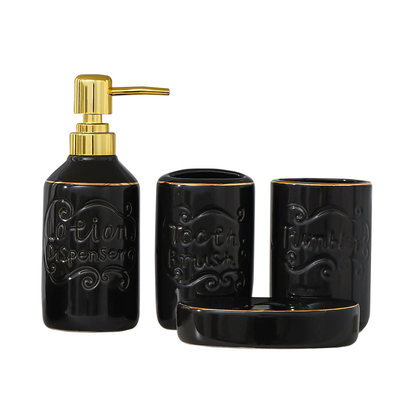 Изображение товара ДОЛЯНА Набор аксессуаров для ванной комнаты, 4 предмета (мыльница, дозатор для мыла 350 мл, 2 стакана), цвет чёрный