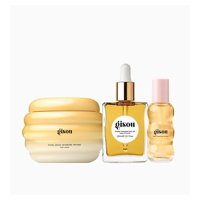 Изображение товара GISOU Набор для ухода за волосами On-The-Go Honey Hair Trio: Маска + Масло + Спрей, 75 мл + 20 мл + 15 мл