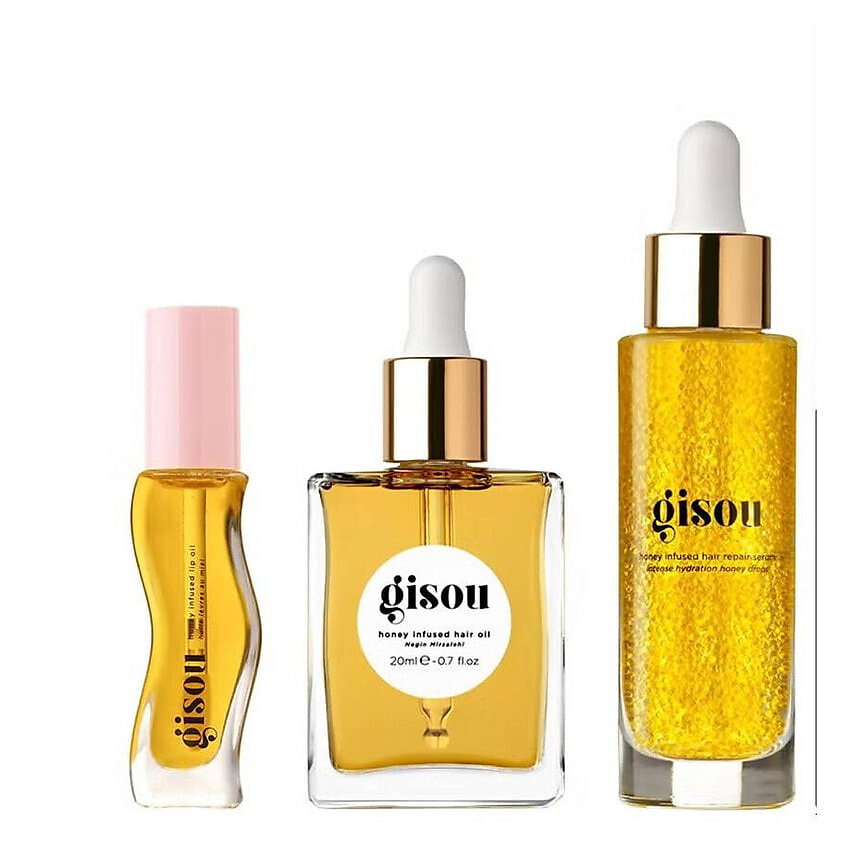 Изображение товара GISOU Набор Honeycare Heroes: Масло для волос + Сыворотка для волос + Масло для губ, 20 мл + 30 мл + 8 мл