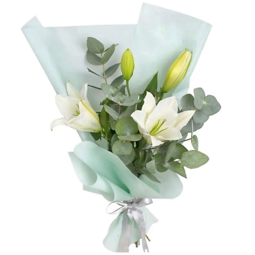 

DIVAFLORA СЕТЬ МАГАЗИНОВ СТИЛЬНЫХ БУКЕТОВ Лилия белая с эвкалиптом моно букет, Лилия белая с эвкалиптом моно букет