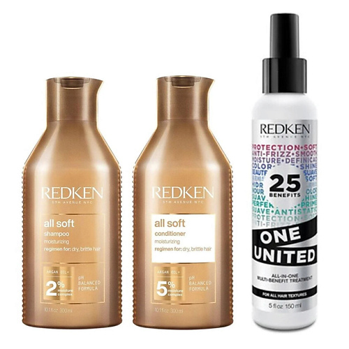 

REDKEN Набор All Soft + One United: Шампунь + Кондиционер + спрей-уход, Набор All Soft + One United: Шампунь + Кондиционер + спрей-уход