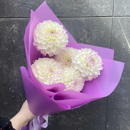 

DIVAFLORA СЕТЬ МАГАЗИНОВ СТИЛЬНЫХ БУКЕТОВ Георгины букет из 5 ароматных сиреневых георгин, Георгины букет из 5 ароматных сиреневых георгин