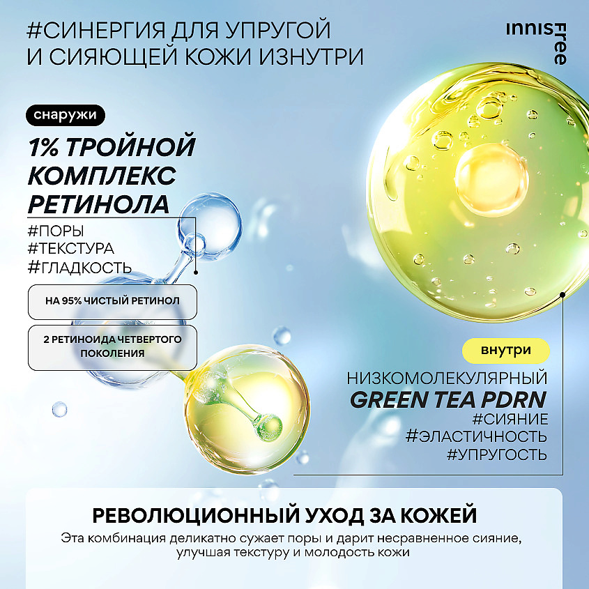 INNISFREE Сыворотка для ухода за текстурой и упругостью кожи лица с ретинолом Retinol Green Tea PDRN Skinbooster Ampoule – фото 4