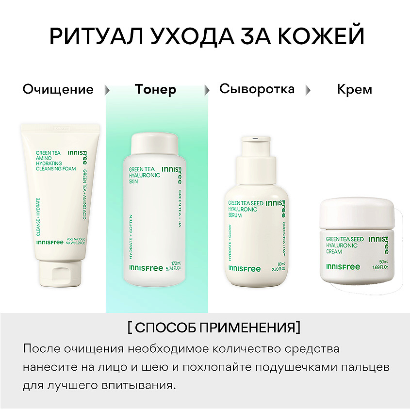 INNISFREE Увлажняющий тонер с экстрактом зеленого чая и гиалуроновой кислотой для сияния кожи Green Tea – фото 6