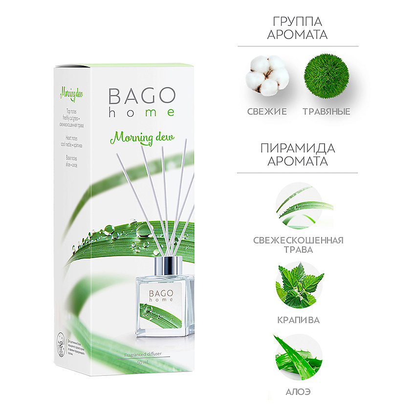 Изображение товара Ароматический диффузор Утренняя роса BAGO home 50 мл с натуральными ароматами