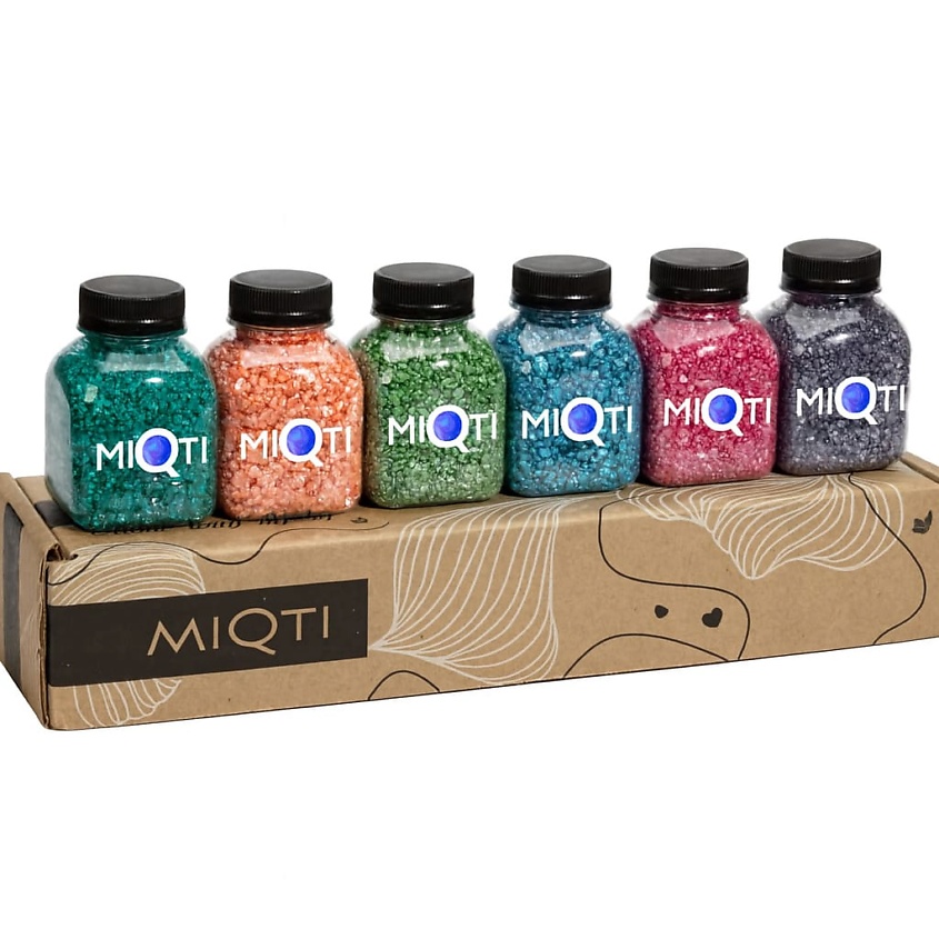 Изображение товара MIQTI Набор подарочный морская соль для ванны цветная с блестящим шиммером, 6 разных ароматов, 6 шт. по 250 мл..; цвета: зеленый, оранжевый, синий, фиолетовый, бирюзовый, вишневый; ароматы: тропический микс, клубника, дыня, бабл гам, ежевика, малина.