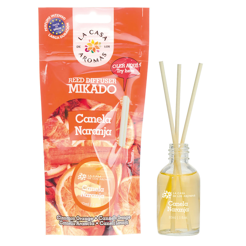 Изображение товара LА CASA DE LOS AROMAS Жидкий ароматизатор для воздуха с палочками MIKADO. «Апельсин и корица», 30 мл