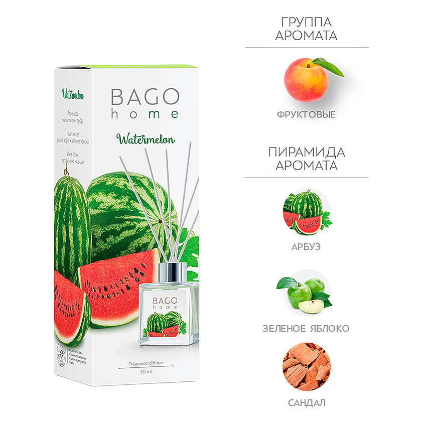 Изображение товара Ароматический диффузор BAGO HOME Арбуз 50 мл с палочками