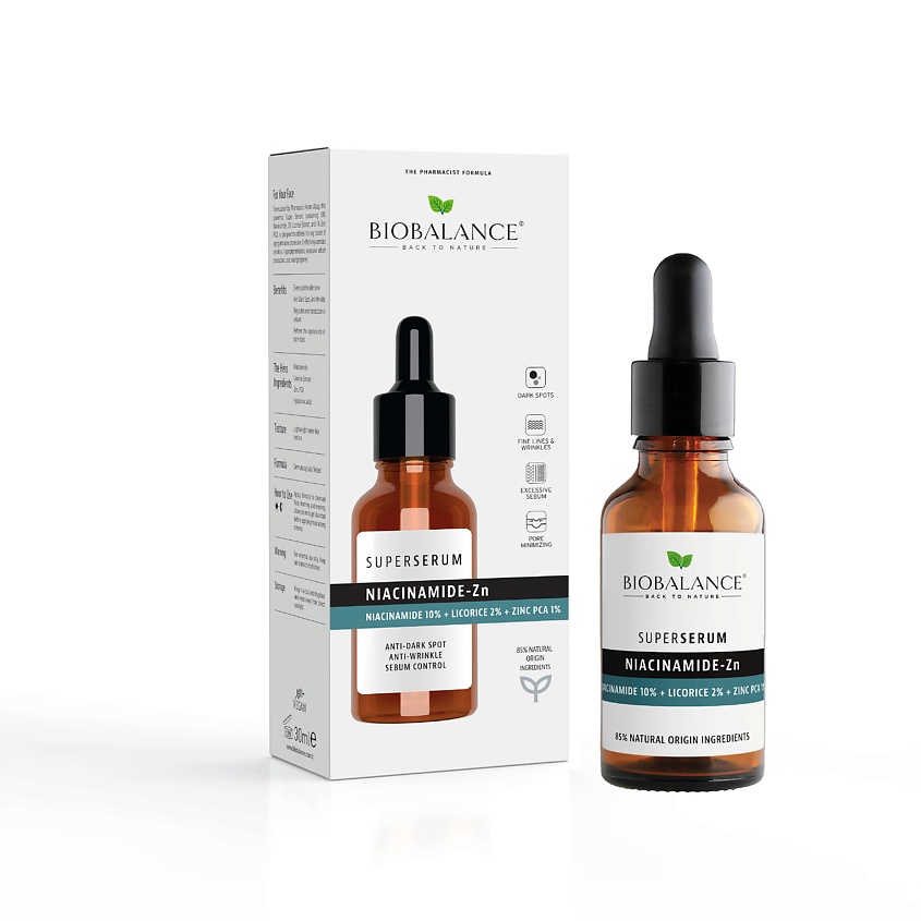 Изображение товара BIOBALANCE Сыворотка для лица NIACINAMIDE 10% + LICORICE 2% + ZINC PCA 1% Увлажнение и сужение пор