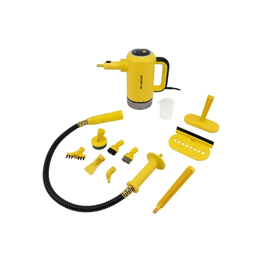 Изображение товара POLARIS Пароочиститель компактный PSC 1712C, 1700 Вт, 50г/мин, 360 мл, 12 аксессуаров, черный/желтый