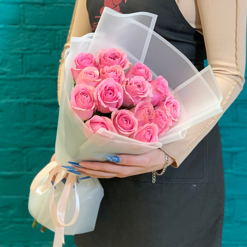 Изображение товара Букет из 15 розовых роз от Цветы Мишки - подарок для женщины
