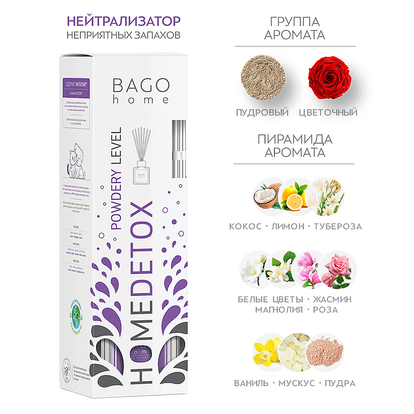 Изображение товара Ароматический диффузор BAGO HOME Пудровый нейтрализатор запахов 100 мл длительное время