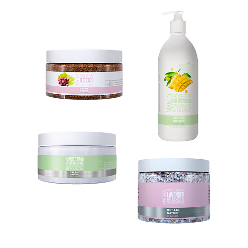 

DREAM NATURE Набор 4в1 Гель "Манго"+Скраб "Детокс"+Соль с лавандой + Маска"Увлажнение и питание", Набор 4в1 Гель "Манго"+Скраб "Детокс"+Соль с лавандой + Маска"Увлажнение и питание"