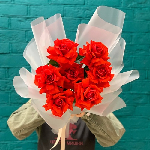 

ЦВЕТЫ МИШКИ Букет из 7 красных французский роз, Букет из 7 красных французский роз