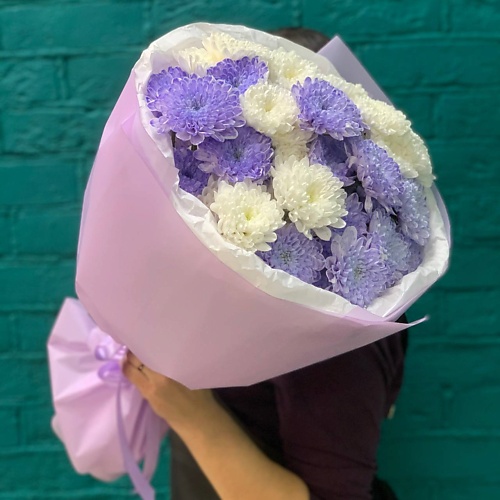 

ЦВЕТЫ МИШКИ Букет из 7 фиолетово-белых кустовых хризантем, Букет из 7 фиолетово-белых кустовых хризантем