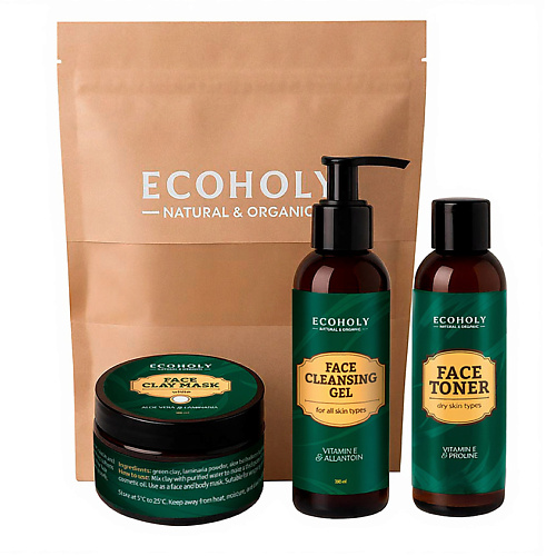 ECOHOLY Набор Тоник для нормальной и комбинированной кожи, Голубая глина, Гель для умывания успокаивающий с витамином Е Face Toner Normal/mixed Skin Types + Face Clay Mask Blue + Face Cleans